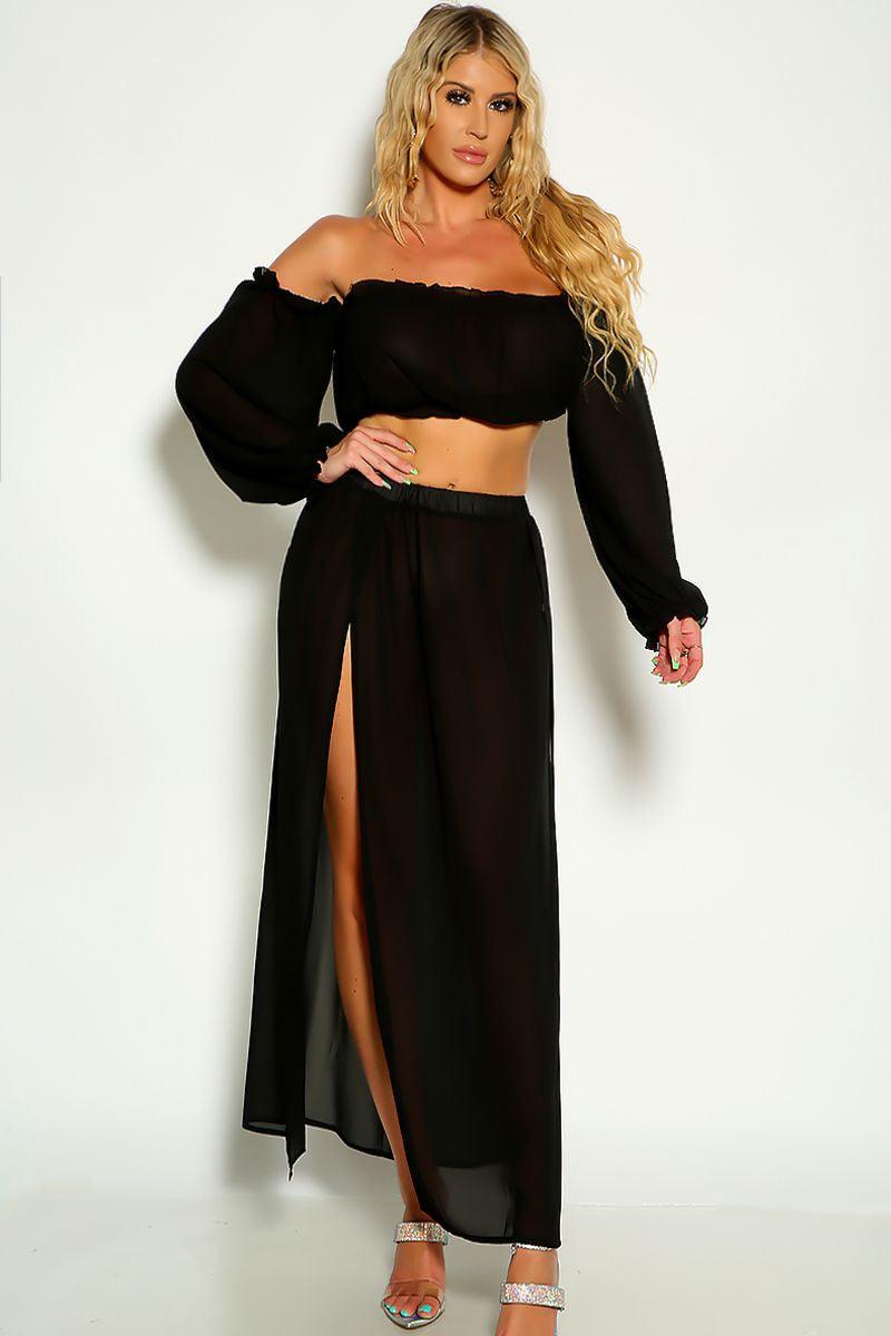 Black Off The Shoulder Cropped Maxi Two Piece Dress - AMIClubwear