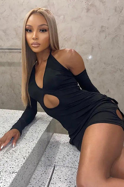 Black Off The Shoulder Cross Strap Cut Out Party Dress - AMIClubwear