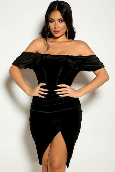 Black Off The Shoulder Draped Corset Piping Velvet Party Dress - AMIClubwear
