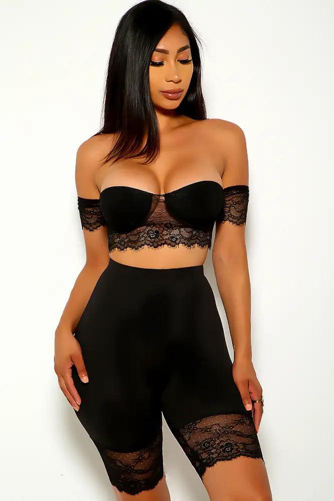 Black Off the Shoulder Lace Two Piece Outfit - AMIClubwear