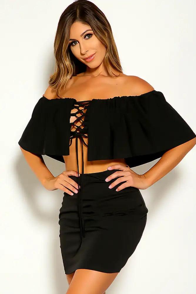 Black Off The Shoulder Lace Up Two Piece Dress - AMIClubwear