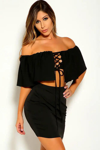 Black Off The Shoulder Lace Up Two Piece Dress - AMIClubwear
