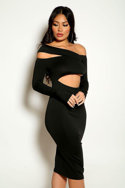 Black Off The Shoulder Long Sleeve Cut Out Knee Length Party Dress - AMIClubwear