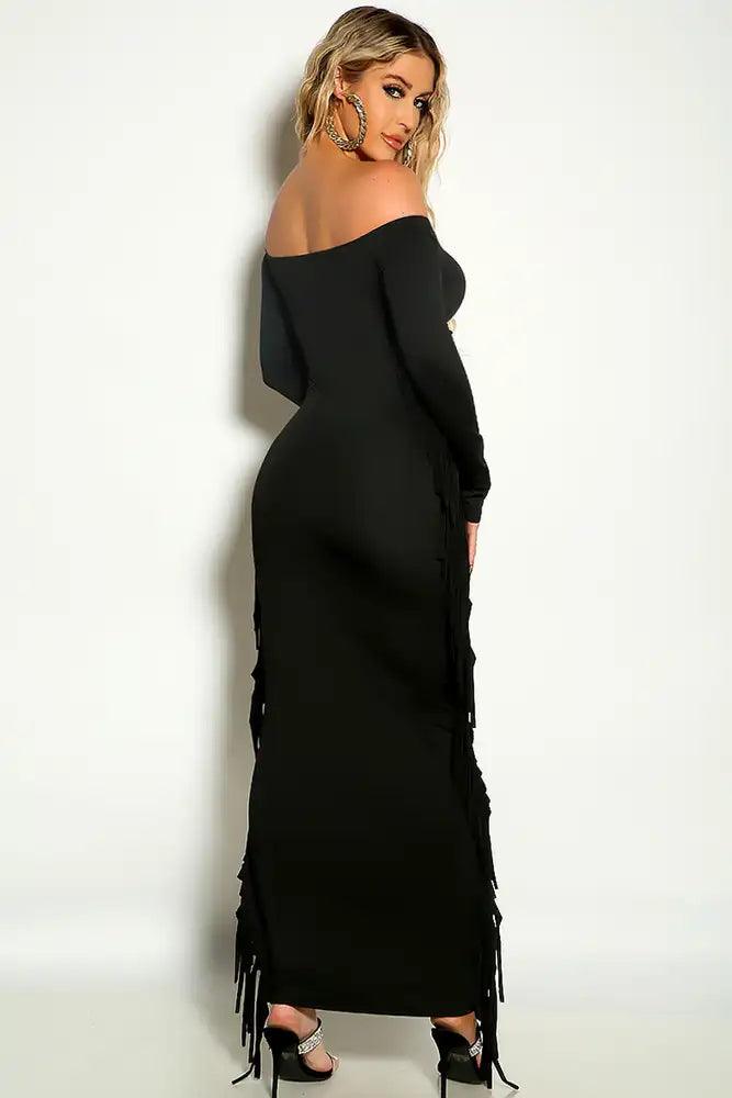Black Off The Shoulder Long Sleeve Fringe Detail Curve Maxi Dress - AMIClubwear