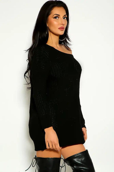 Black Off The Shoulder Long Sleeve Knitted S weater Dress - AMIClubwear