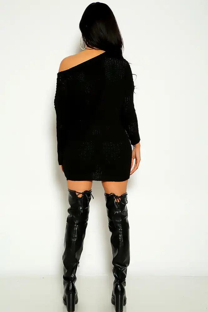 Black Off The Shoulder Long Sleeve Knitted S weater Dress - AMIClubwear
