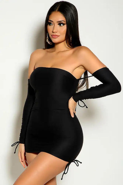 Black Off The Shoulder Long Sleeve Ruched Party Dress - AMIClubwear