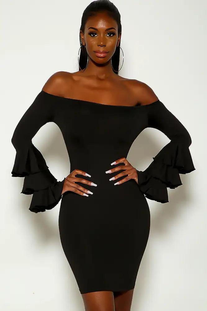 Black Off The Shoulder Long Sleeve Ruffled Party Dress - AMIClubwear