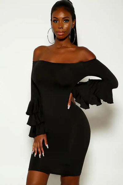 Black Off The Shoulder Long Sleeve Ruffled Party Dress - AMIClubwear