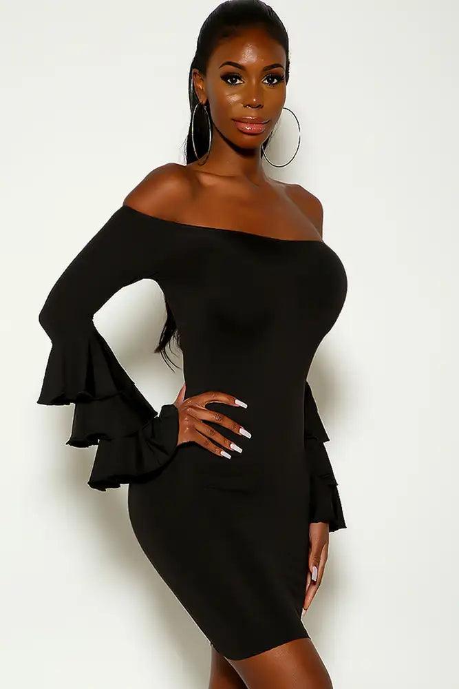 Black Off The Shoulder Long Sleeve Ruffled Party Dress - AMIClubwear