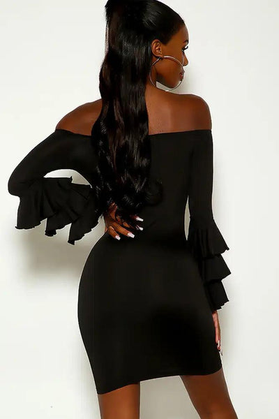 Black Off The Shoulder Long Sleeve Ruffled Party Dress - AMIClubwear