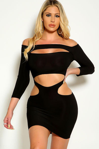 Black Off The Shoulder Long Sleeve Sexy Cut Out Party Dress - AMIClubwear