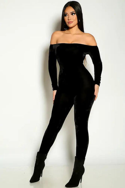 Black Off The shoulder Long Sleeve Velvet Fitted Jumpsuit - AMIClubwear