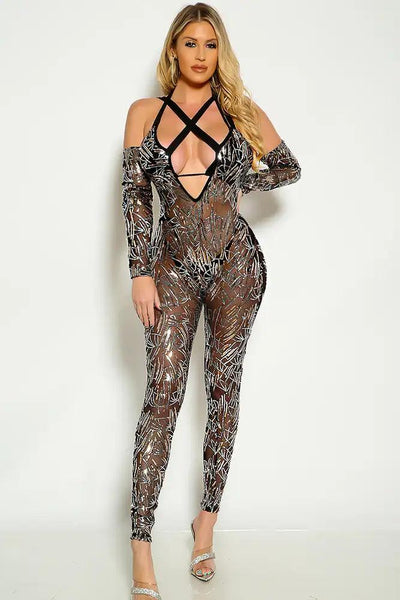 Black Off The Shoulder Mesh Sequin Strappy Jumpsuit - AMIClubwear