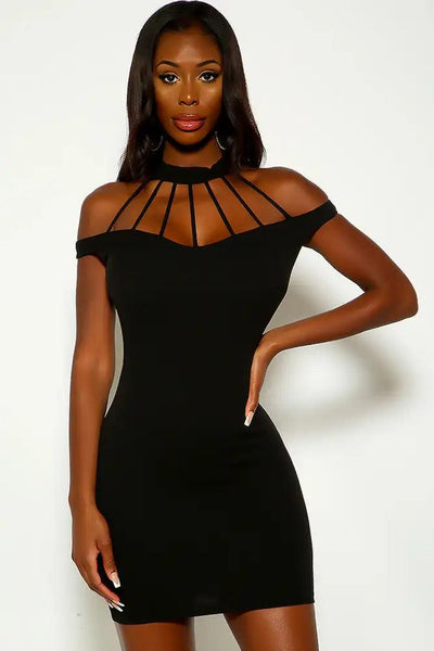 Black Off The Shoulder Mock Neck Strappy Party Dress - AMIClubwear