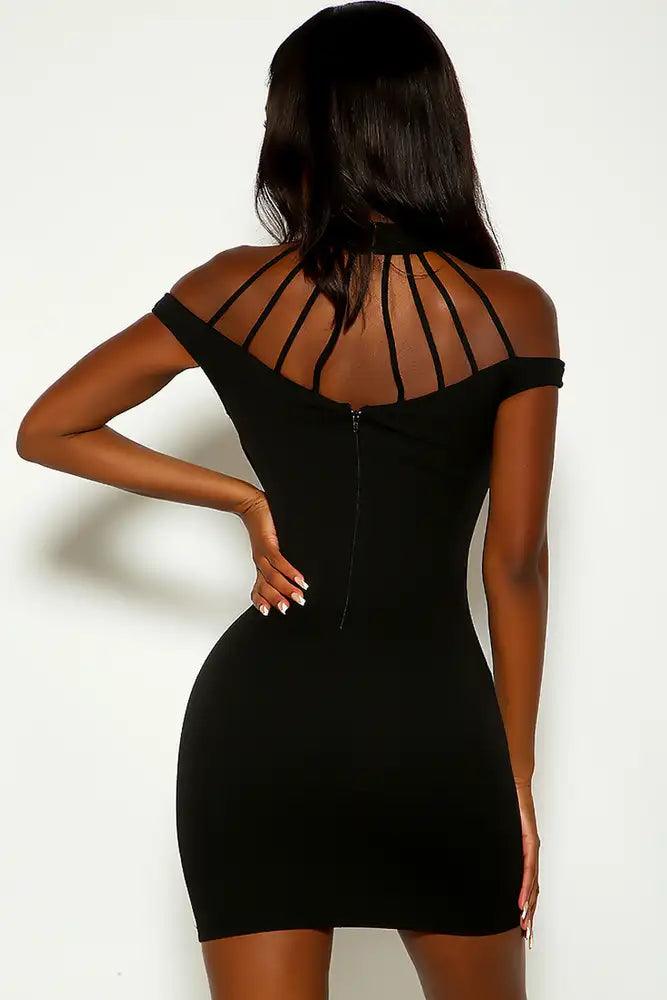 Black Off The Shoulder Mock Neck Strappy Party Dress - AMIClubwear