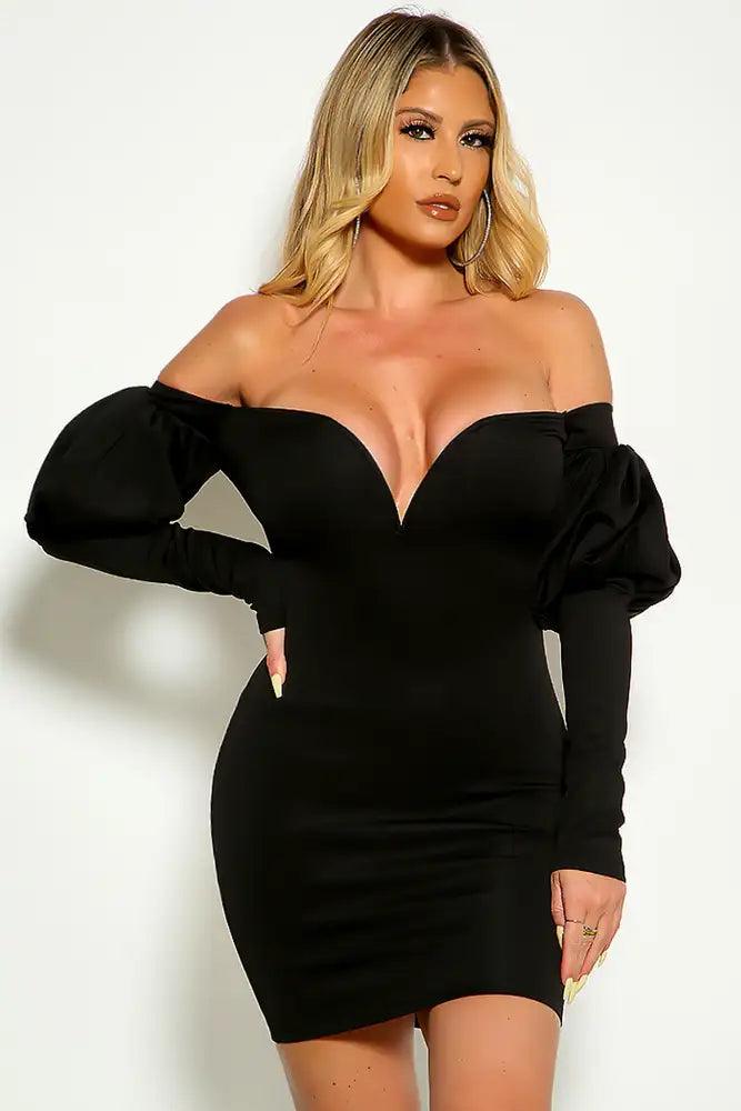 Black Off The Shoulder Puff Sleeve V-Wire Party Dress - AMIClubwear