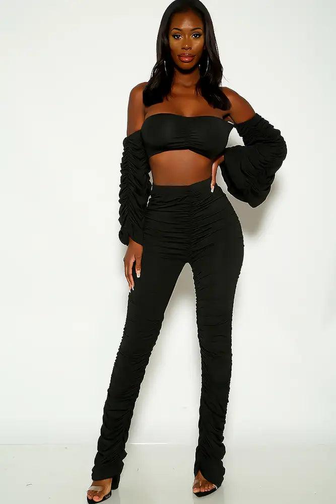 Black Off the shoulder Ruched Two Piece Outfit - AMIClubwear