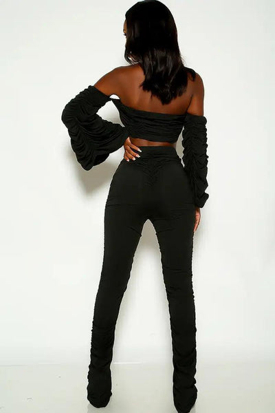 Black Off the shoulder Ruched Two Piece Outfit - AMIClubwear