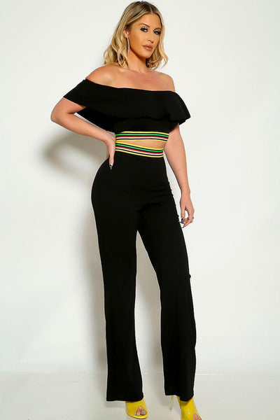 Black Off The Shoulder Ruffled Cropped Flared Two Piece Outfit - AMIClubwear
