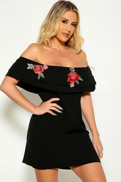 Black Off The Shoulder Ruffled Rose Detail Dress - AMIClubwear