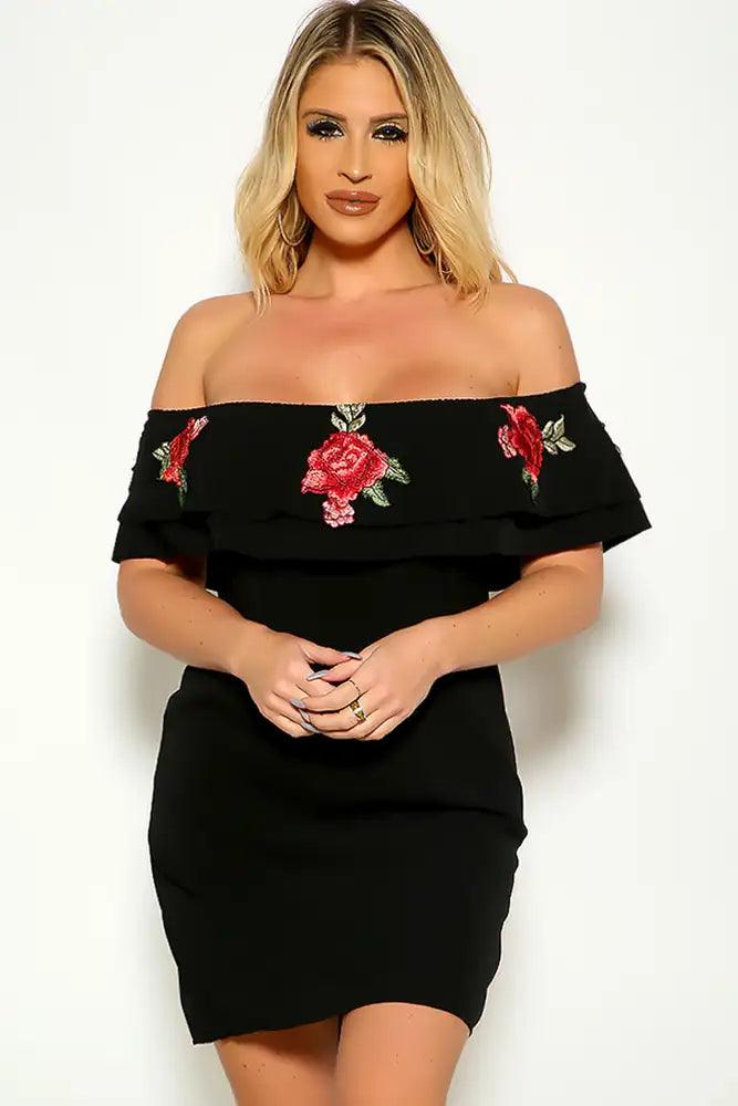 Black Off The Shoulder Ruffled Rose Detail Dress - AMIClubwear