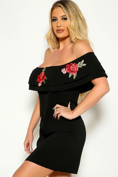 Black Off The Shoulder Ruffled Rose Detail Dress - AMIClubwear