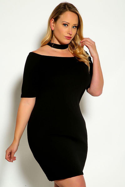 Black Off The Shoulder Short Sleeve Choker Detail Plus Size Party Dress - AMIClubwear