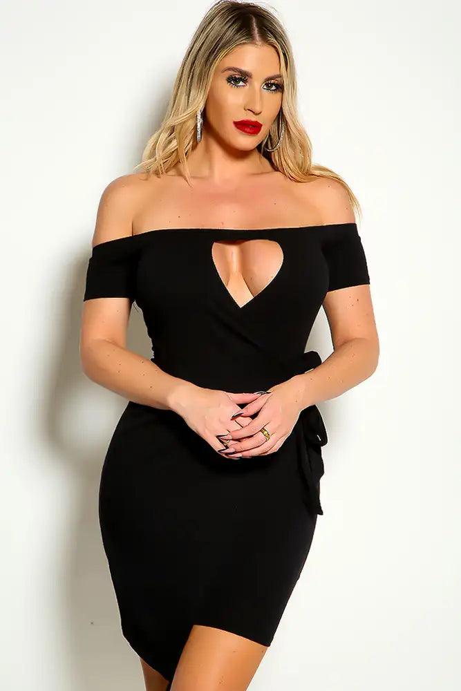 Black Off The Shoulder Short Sleeve Ribbed Side Tie Dress - AMIClubwear