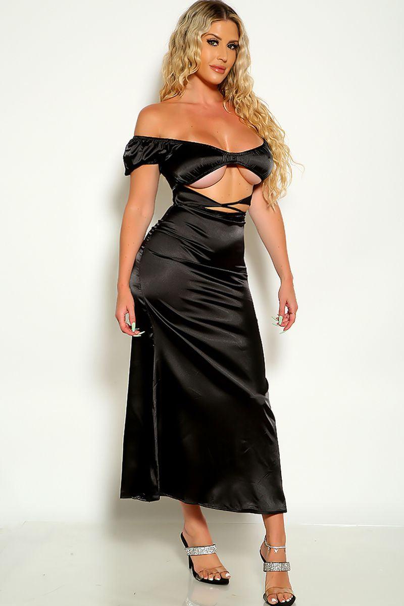 Black Off The Shoulder Strappy Faux Satin Party Dress - AMIClubwear