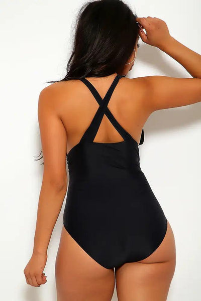 Black One Piece Back Criss Cross Plunging Swimsuit - AMIClubwear