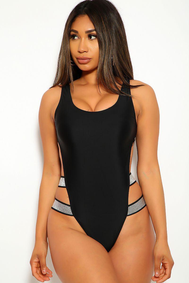 Black One Piece Cut Out Shimmery Swimsuit - AMIClubwear