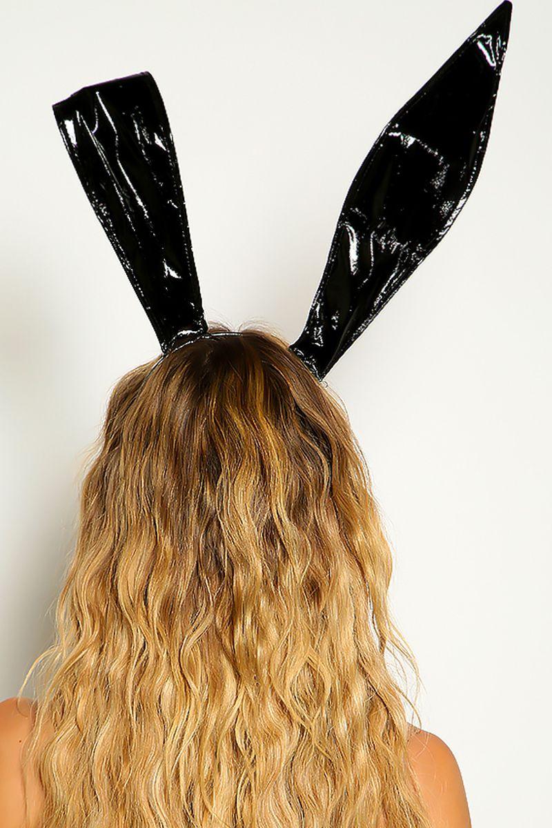 Black One Piece Latex Bunny Ears - AMIClubwear