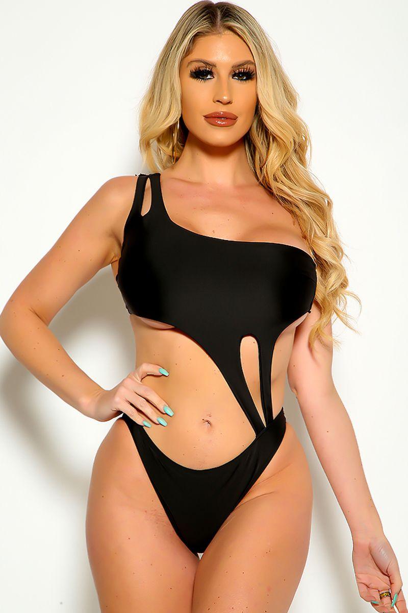 Black One Shoulder Cut Out One Piece Swimsuit - AMIClubwear
