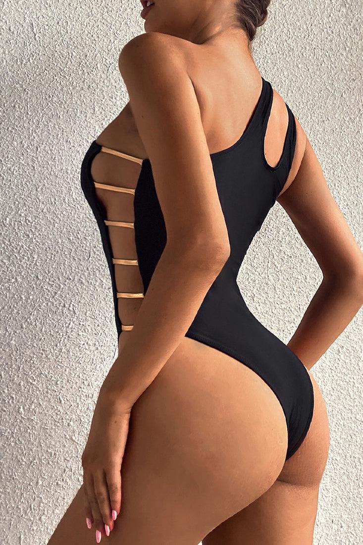 Black One Shoulder Cut Out Sexy One Piece Swimsuit - AMIClubwear