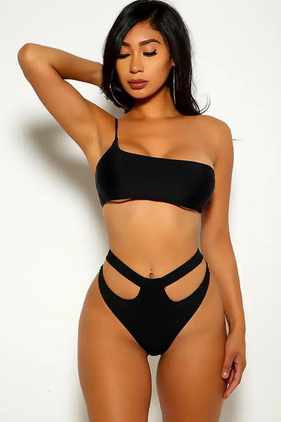 Black One Shoulder Cut Out Two Piece Swimsuit - AMIClubwear
