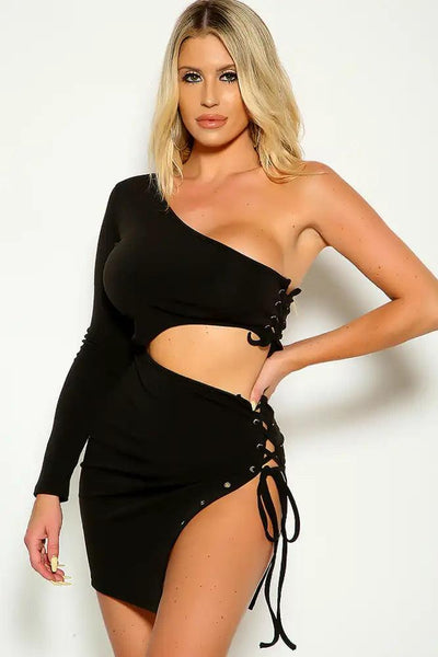Black One Shoulder Lace Up Two Piece Dress - AMIClubwear
