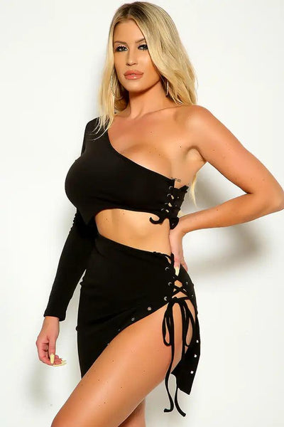 Black One Shoulder Lace Up Two Piece Dress - AMIClubwear