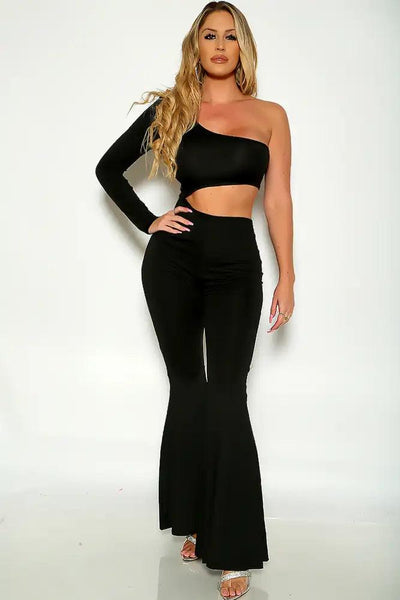 Black One Shoulder Long Sleeve Cut Out Flared Jumpsuit - AMIClubwear