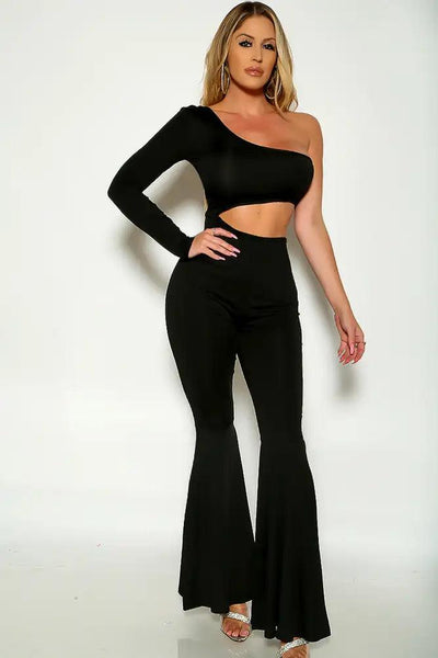 Black One Shoulder Long Sleeve Cut Out Flared Jumpsuit - AMIClubwear