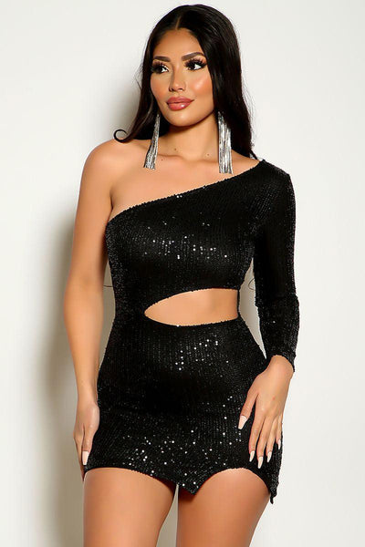 Black One Shoulder Long Sleeve Cut Out Sequins Party Dress - AMIClubwear