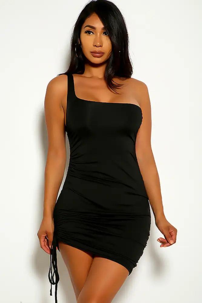 Black One Shoulder Ruched Party Dress - AMIClubwear