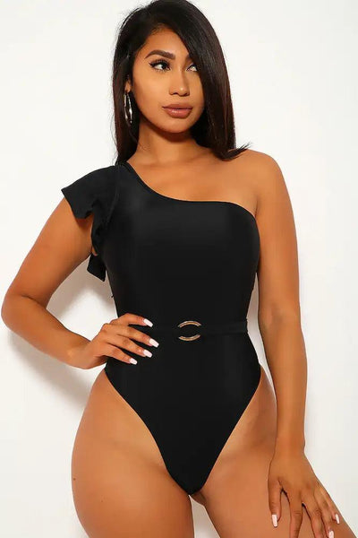 Black One Shoulder Ruffled Swimsuit - AMIClubwear