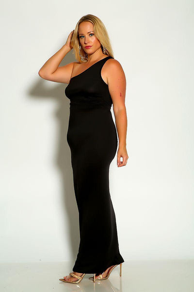 Black One Sleeve Cut Out Side Strap Maxi Plus Size Two Piece Dress - AMIClubwear