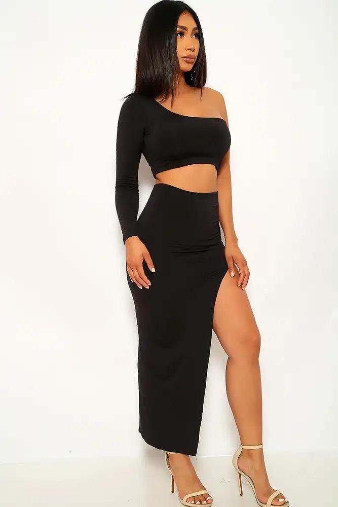 Black One Sleeve Two Piece Party Dress - AMIClubwear