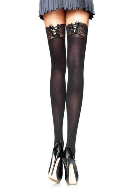 Black Opaque Corset Lace Top Thigh Highs - AMIClubwear