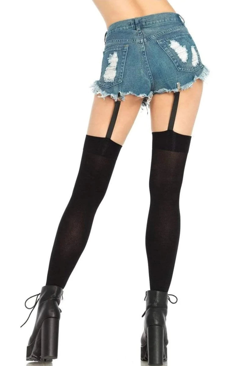 Black Opaque Garter Clip Thigh Highs - AMIClubwear