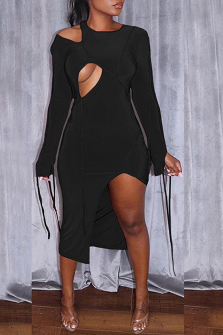 Black Open Cut Long Sleeve Front Zipper Party Dress - AMIClubwear