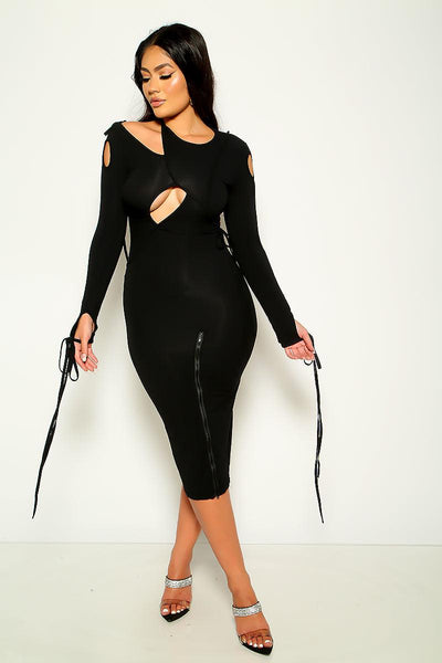 Black Open Cut Long Sleeve Front Zipper Party Dress - AMIClubwear