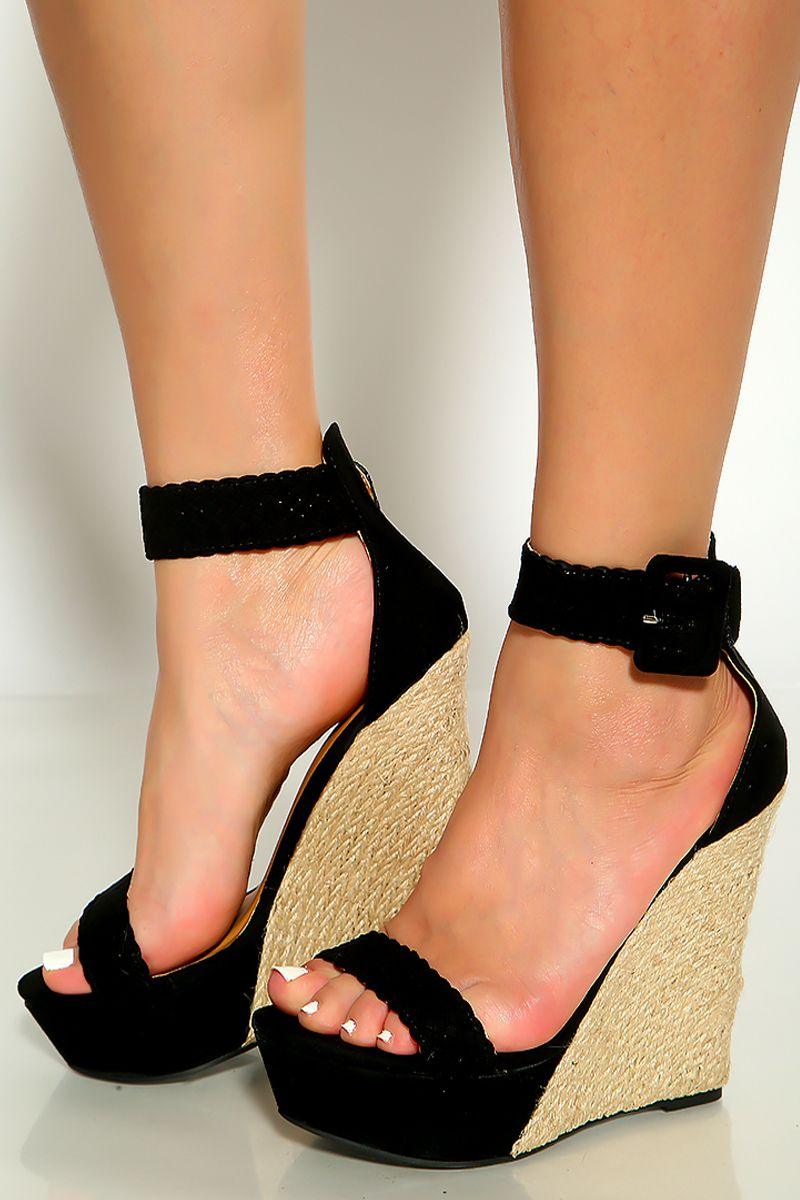 Black Open Toe Ankle Strap Espadrille Platform wedges - AMIClubwear